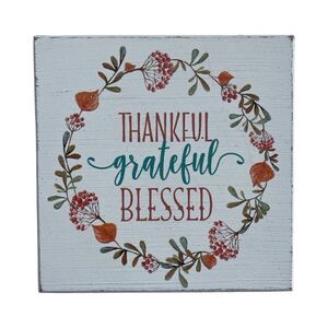 Thankful Grateful Blessed Whitewashed Distressed Wood Sign Quill to Paper NWT